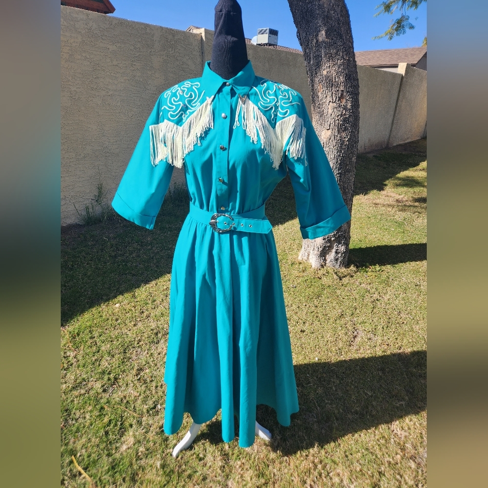 Vintage Western 1980s Southwestern Fringe Teal Dress and Belt